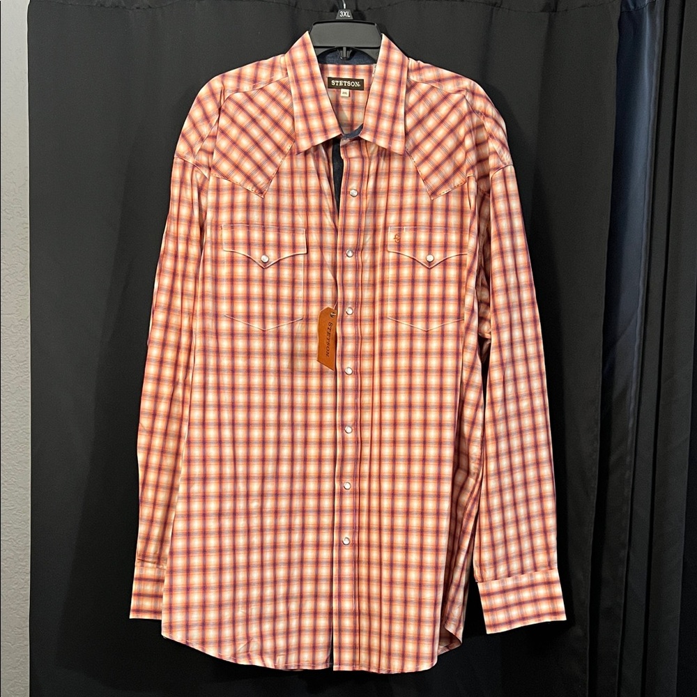Brand New Orange Plaid Stetson Pearl Snap Dress Shirt